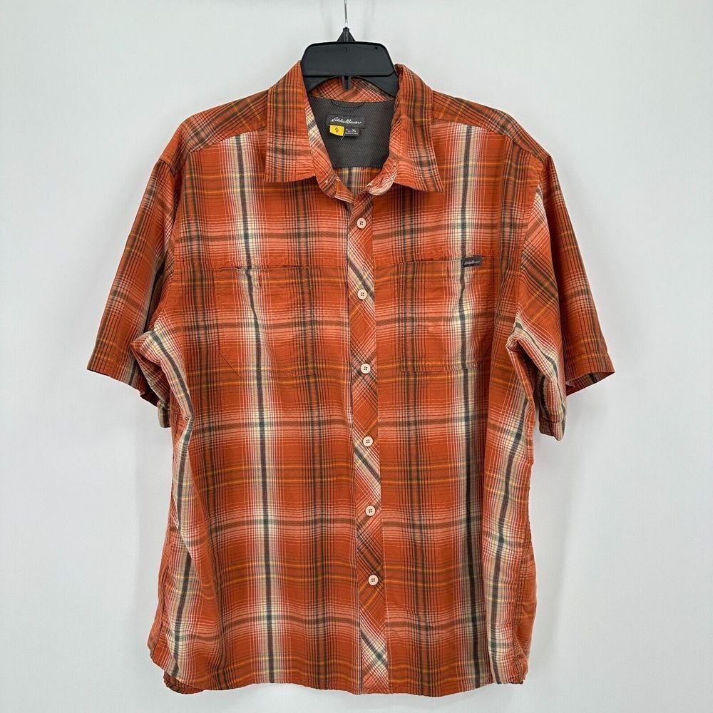 Eddie Bauer Shirt Mens XL Orange Brown Plaid Button Up Camping Outdoor Utility